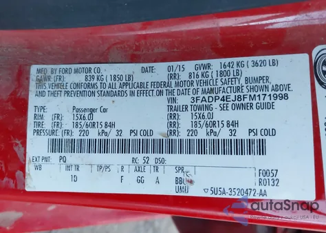 2015 Ford Fiesta Se из США, поврежденный, VIN 3FADP4EJ8FM171998